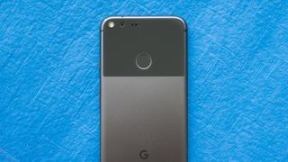 Google Pixel XL back against blue background