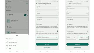 Fitbit app screenshots showing how to create a run workout.