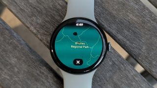 The Google Pixel Watch 3 showing a regional park map in Google Maps